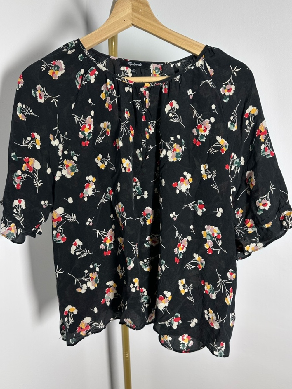 Madewell Black Floral Ruffle-Sleeve Peasant Top